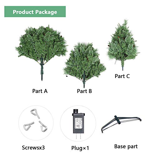 SHareconn 6.5ft Pre-Lit Premium Artificial Hinged Christmas Pine Tree with 380 Clear Lights, 60 Pine Cones, 1460 Branch Tips and Metal Stand