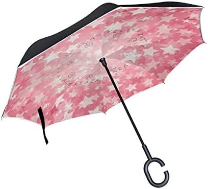 DOPKEEP Pink Star Double Layer Inverted Umbrella Cars Reverse Umbrella,UV Protection Windproof Large Straight Umbrella for Car Rain Outdoor with C-Shaped Handle