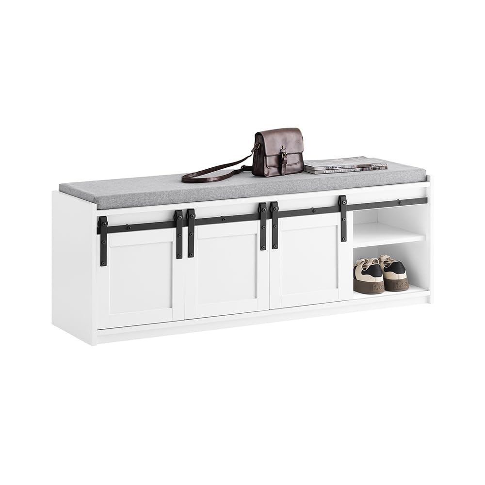 Photo 1 of ** USED/ MISSING PARTS *** Haotian Shoe Storage Bench, Entryway Hallway Shoe Cabinet, Sliding Barn Doors, Drawer & Padded Seat Cushion, Rustic Window Bench for Mudroom, Industrial Style (White) FSR198-W