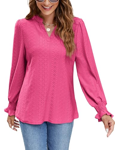 AMORETU LONG SLEEVE TOPS FOR WOMEN VNECK BLOUSE LOOSE CASUAL TSHIRTS, ROSE L