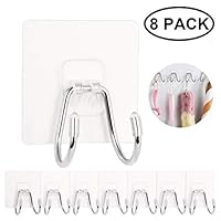 Lefree Double Hooks Stainless Steel，8 Pack Wall Hooks  Transparent Reusable Seamless Waterproof and Oilproof,Bathroom Kitchen Heavy Duty Self Adhesive Hooks