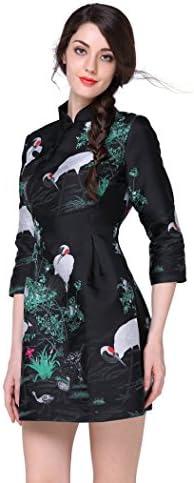 Tuliplazza Women Crane Embroidered A-line Tunic Cocktail Party Prom Short Dress,Black,X-Large