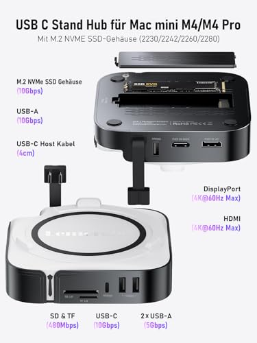 Lemorele Mac Mini M4 Dock with DisplayPort 4K@60Hz for Dual Monitor Configurations, 4 USB 3.2/3.0 Ports, M.2 NVMe 10Gbps SSD Slot, SD/TF Card Reader with Mac Mini M4/M4 Pro
