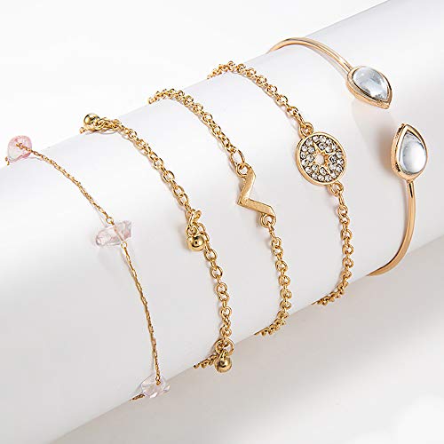 Denifery Water Drop Bracelet Ball Bracelet Open Natural Stone Bracelet Diamond Hand Chain Six-Star Bracelet,Set of 5
