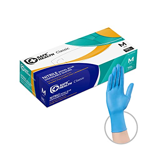 Safe Health Nitrile Disposable Gloves, Latex Free, Powder Free, Blue, Box of 100, Medium