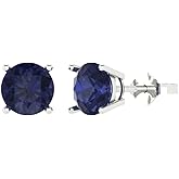 14K White Gold Plated 925 Sterling Silver Push Back Dainty Stud Earrings for Women - 4 cttw Round Cut Simulated Blue Sapphire