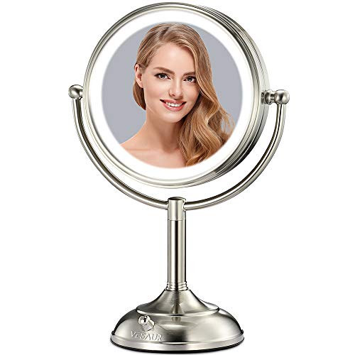 VESAUR Professional 10" [Large Tall Size] Lighted Makeup Mirror, 5X 2-Sided Magnifying Vanity Mirror with 48 Medical LED Lights, Senior Pearl Nickel Cosmetic Mirror, Brightness Adjustable (0-1100Lux)