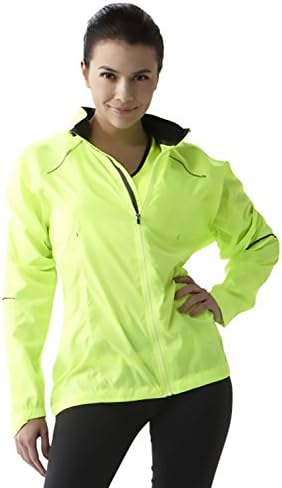 ClubFit Womens Wind Resistant Water Repellent Ultra Light Activewear Running Jacket with Light Reflective Material and Internal Earphone Loops (Neon Yellow - Size S)