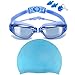 Swim Goggles + Swim Cap, Swimming Goggles No Leaking Anti Fog UV Protection Triathlon Swim Goggles with Free Protection Case + Nose Clip + Ear Plugs for Adult Men Women Girls Youth Kids Child (Blue)