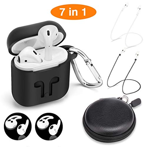 AirPods Case Protective Silicone Cover 2 Airpods Strap, 2 Airpods Ear Hook,1 Carabiner,1 Headphone Case Apple Airpods Accessories (7 Pack)-(Black)