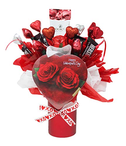 Valentine’s Chocolate Candy Bouquet | Unique Gift for the Hard to Buy For | Gourmet Assorted Chocolates, Roses and Kisses, Heart Shaped Box Chocolates | Personalized Gift Card
