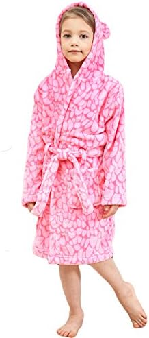 Boys & Girls Bathrobes, Plush Soft Coral Fleece Floral Hooded Sleepwear for Kids