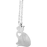 Art Attack Stainless Steel Cat Chain Necklace, Love Feline Kitty Pur Meow Pet Mom Memorial Heart Charm Pendant (Silver)