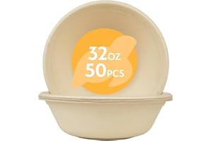 100% Compostable Paper Bowls [32oz 50 Pack] Soup Bowls, Pasta Bowls, Cereal, Salad, Ice Cream, Disposable Bamboo Large Bowls, Biodegradable, Unbleached by Earth's Natural Alternative