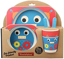 5 PC SET - Super Cute Animal Theme Kids Dinnerware Set - Eco-Friendly Bamboo - BPA Free (Multiple Designs) (Robot)