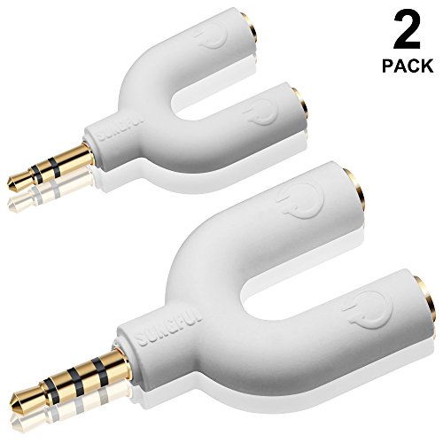AFUNTA Headset Audio Stereo Splitter Kit, U Shape 3 Pin 3.5mm Jack to 2 Headphone + U shape 4 Pin Adapter to 2 3.5mm 4 Pin Earphone with Mic for Phones, Computers, MP3, Tablet, Etc.(White)