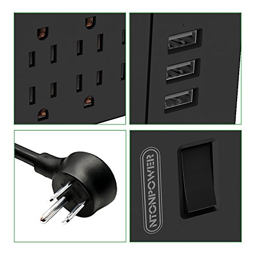image for NTONPOWER Flat Plug Power Strip with 6 Outlets 3 USB Ports No Surge Pr