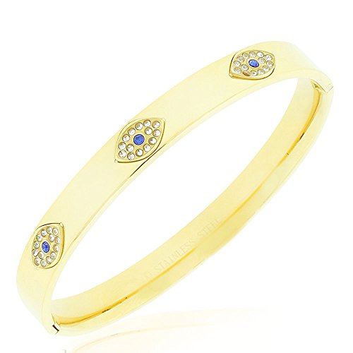 My Daily Styles Stainless Steel White Blue CZ Evil Eye Hamsa Protection Bangle Bracelet