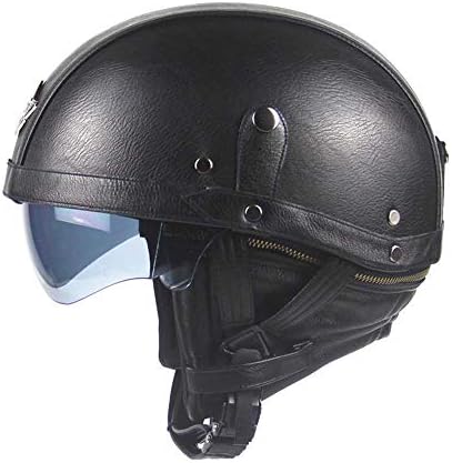 LYJNBB Half Motorcycle Helmet, PU Leather Open Face Vintage Harley Helmets, with Sunshield Quick Release Strap Fit for Bike Cruiser Scooter DOT Approved