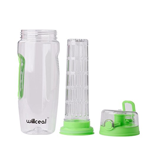 Willceal Fruit Infuser Water Bottle 32oz Durable, Large - BPA Free Tritan, Flip Lid, Leak Proof Design - Sports, Camping (Green)