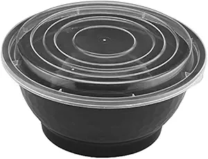 TIYA Food Takeout Bowls - Black Plastic Storage To-Go Containers - Reusable Microwavable Dishwasher Safe Restaurant Bowls - Leak Resistant for Soups & Meal Prep (50 oz Bulk 120 Pack with Clear Lids)