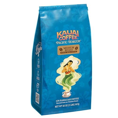 KAUAI COFFEE WHOLE BEAN COFFEE – SMOOTH, NON-BITTER PURE ARABICA – LIGHT FLORAL NOTES & BRIGHT AROMA – GROWN ON HAWAII’S LARGEST COFFEE FARM – KOLOA ESTATE MEDIUM ROAST, 1 PACK OF 32OZ