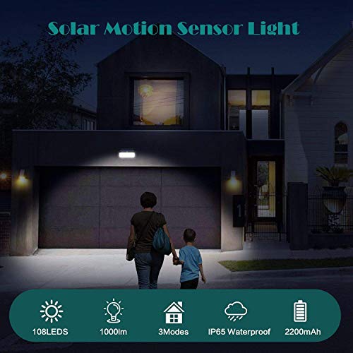 Solar Lights Outdoor 108 Led, [2200mAh Super Bright Energy Saving] Solar Security Lights Motion Sensor, 3 Modes [270Âº Illumination] Wireless Solar Wall Lights for Fence, Deck, Garage, Yard(2 Pack)