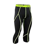 Baleaf Men's Compression Capri Baselayer Running Tights 3/4 Tight Black Fluorescent Yellow Size M