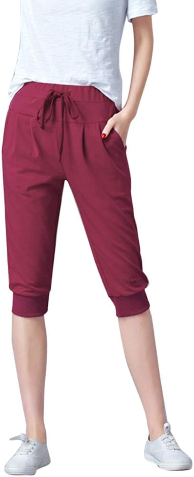 Ladies Short Pants Tapered Drawstring Monochrome Classic Harem Pants