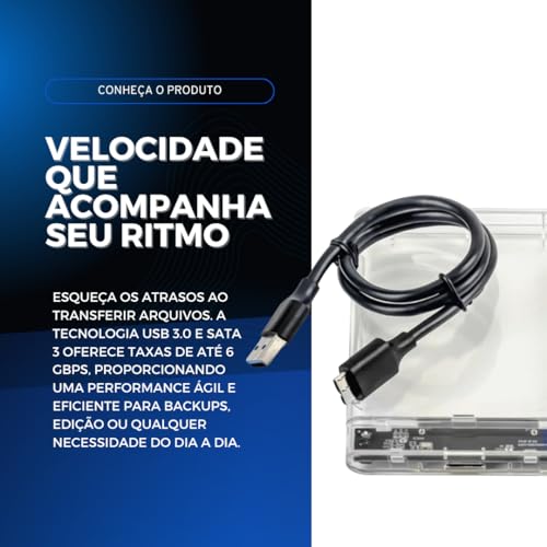 Case Externa 2.5" Alta Velocidade USB 3.0 e Sata 3, Transmissão 6Gbps, Suporte até 3TB, Design Transparente
