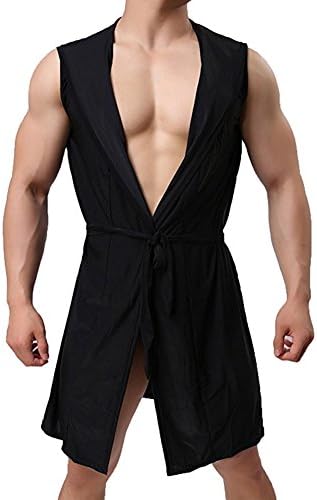 ONAMANO Men's Silk Kimono Bathrobe Hooded Sleeveless Open Front Sleepwear Pajamas