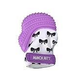 Munch Mitt Teething Mitten the Original Mom Invented Teething Toy- Teether Stays on Babys Hand for Pain Relief & Stimulation- Ideal Baby Shower Gift with Handy Travel/Laundry Bag- Purple Bows