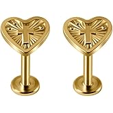 Niaspi 16G Internally Threaded Cross Heart Cartilage Flat Back Earrings Studs for Women 316L Stainless Steel Labret Monroe Lip Rings Conch Helix Tragus Medusa Piercing Jewelry