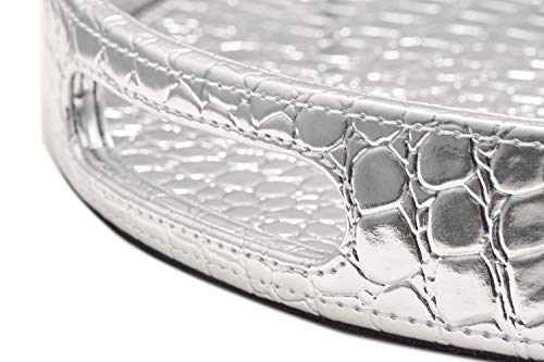 Silver Dia 13.5'' Round Glossy Croc Decorative Ottoman Coffee Table Serving Tray Cosmetic Vanity Tray for Perfume Jewelry Makeup By Decor Trends (1, 1 Silver)
