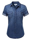 JJ Perfection Women's Chambray Denim Short Sleeve Button Down Blouse
