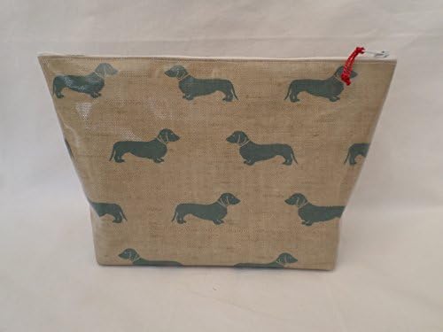 Handmade Large Oilcloth Make Up Bag / Toiletry Bag - Emily Bond Blue Dachshund Fabric