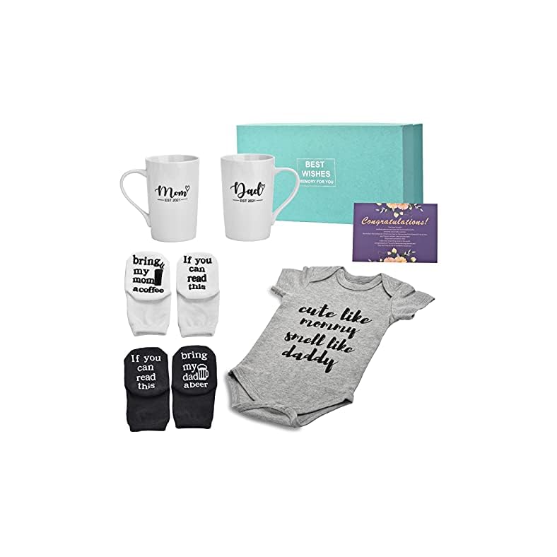 Pregnancy Gifts for First Time Moms – New Mom Gifts for Women, Mom and Dad Est 2022 14 oz Mug Set with Onesie and Baby…