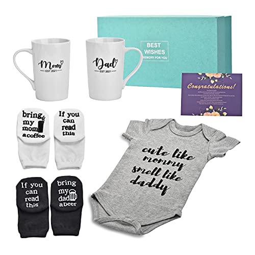 Pregnancy Gifts for First Time Moms – New Mom Gifts for Women, Mom and Dad Est 2022 14 oz Mug Set with Onesie and Baby…
