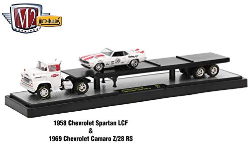 M2 Machines 1958 Chevrolet Spartan LCF (Bright White) & 1969 Chevrolet Camaro RS - (Bright White w/Red Stripe) Auto-Haulers Release 21 - 2017 Castline 1:64 Scale Die-Cast Vehicle Set (R21 16-20)