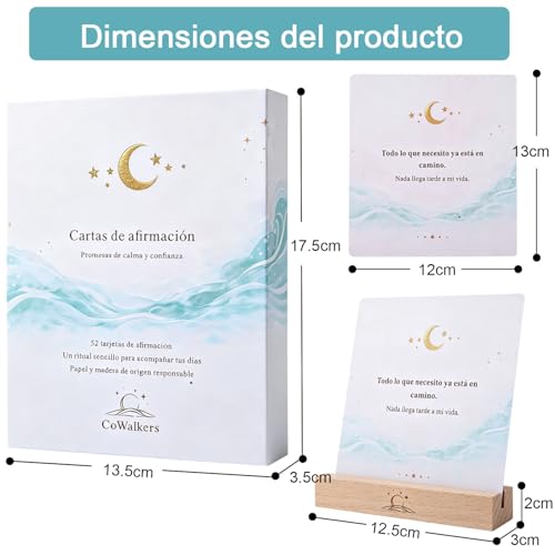 Cartas de Afirmación Positiva y Mindfulness, 52 Tarjetas con Expositor de Madera, Frases de Gratitud y Calma para el Estrés, Ritual Diario de Autocuidado, Regalo para Mujer y Hombre (Azul turquesa)