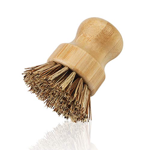2 Pack Natural Dish Scrub, Amytalk Bamboo Round Natural Scrub Brush for Dishes Cast Iron Pots Pans Bathroom Kitchen Sink Household Cleaning