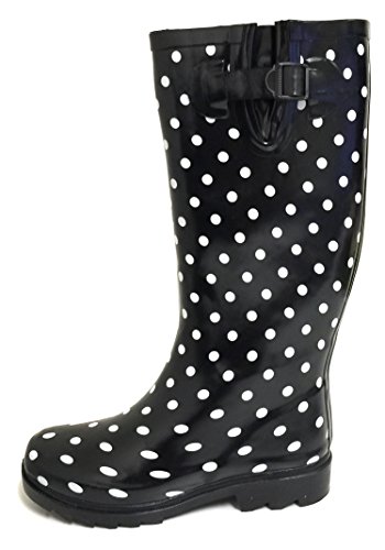 G4U Women's Rain Boots Multiple Styles Color Mid Calf Wellies Buckle Fashion Rubber Knee High Snow Shoes (8 B(M) US, Black Polka Dots)