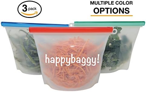 HappyBaggy Eco-Friendly Reusable Food Storage Bags, Quart Size 3 Pack - BPA-Free FDA Food Grade Silicone Bags - Good Lunch Containers, Sandwich Bags, Food Saver, Microwave, Airtight Seal (Clear/Multi)