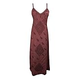 Womens Maxi Dress Strappy Maroon Floral Embroidered Bohemian Summer Sundress