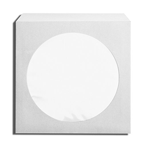 Flexzion CD DVD Paper Sleeves 100 Pack Standard Envelope Cases Display Storage Holder Organizer Premium with Clear Window Cut Out and Flap for Music Movie Video Game Disc in White