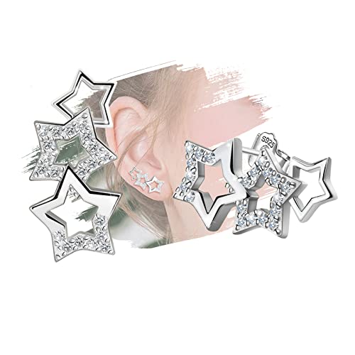 Star Earrings for Teens Girls - Sterling Silver Hypoallergenic Star-Shaped Earrings Cubic Zirconia Stars Stud Earrings for Sensitive Ears Birthday Gifts for Little Girls Teens Women