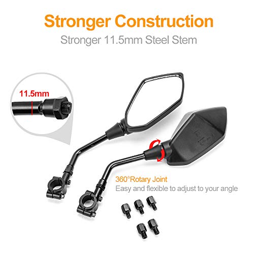 Universal Motorcycle Mirrors ATV Rear View Side Mirrors for 7/8" Handlebar with 10mm/8mm Clockwise & Counterclockwise Threaded Mounting Bolt