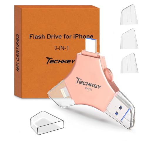USB 3.0 Flash Drive for iPhone 256GB: MFi Certified 3in1 External Memory Photo Keeper Storage Stick for Picture/Video/Data Saver/Backup High Speed Thumb/Jump/Hard Drive for iPad/Android/PC -Pink