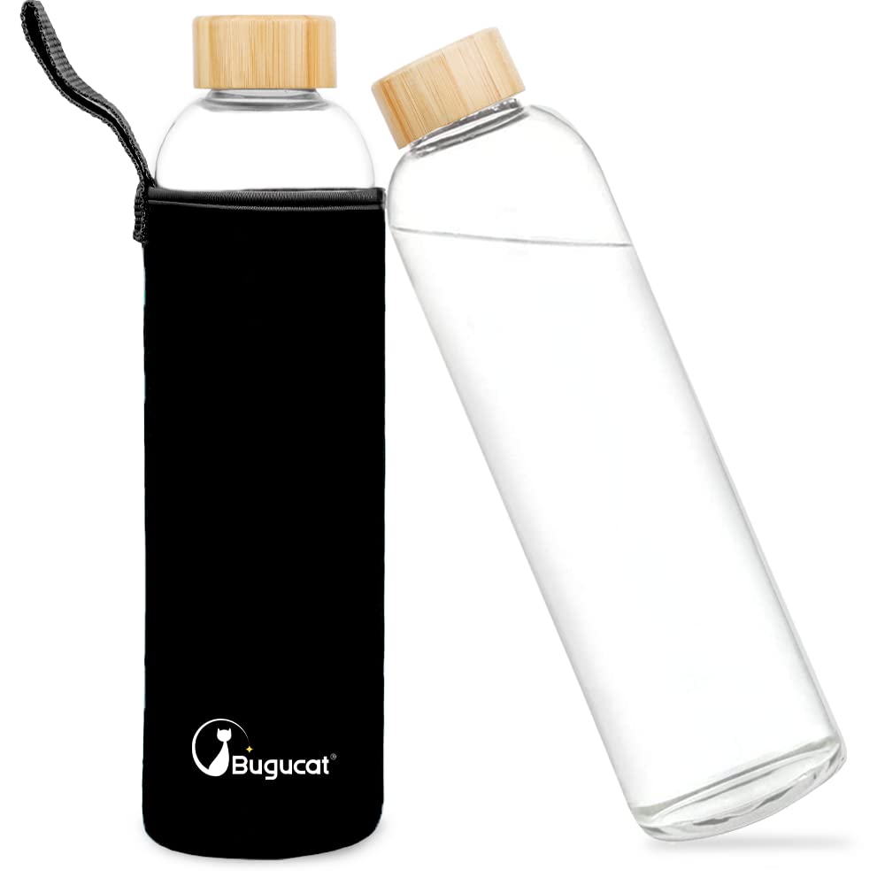 Bugucat Borosilicate Glass Water Bottle 1000ML, Reusable Lid Drinking Bottle with Protective Sleeves,Juice Beverage Container BPA-Free Leak Proof for School Sport Yoga Gym Hot Cold Drinks