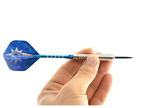 Professional Steel Tip Darts Set 22 grams -12 Pcs Stainless Needle Tipped Dart For Dart Board, Blue Aluminum Shafts,16 holographic Standard Flights, Nickel Silver Metal Barrels and Dart Sharpener